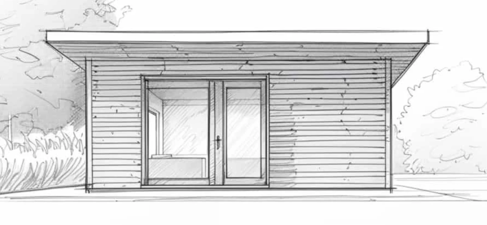 Architectural sketch of a flat roof garden room with front overhang